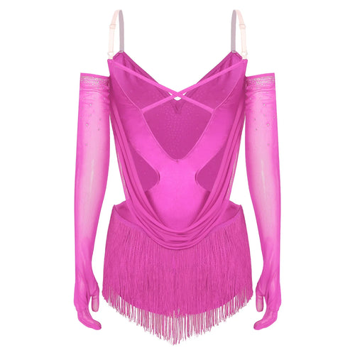 Sparkly Rhinestone & Tassel Fringe Dance Leotard with Gloves Two-Piece Stage Costume