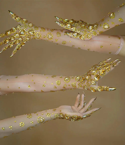 The Stardust Golden Empress – Luxurious Stretch Gold Rhinestone Mesh Opera Gloves