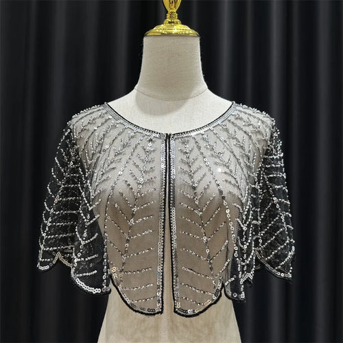 Sparkly Sequin & Beaded Leaf Mesh Capelet Evening Shawl Bolero Jacket