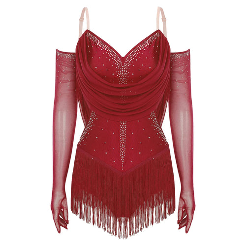 Sparkly Rhinestone & Tassel Fringe Dance Leotard with Gloves Two-Piece Stage Costume