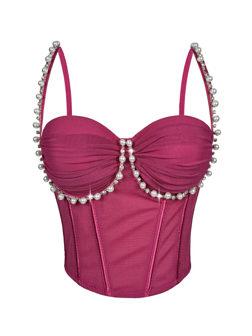 Pearl & Rhinestone Embroidered Bustier Corset Crop Top High Street Bralette