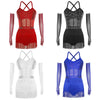 Rhinestone Latin Dance Dress, Mesh Tiered Tassel Bodysuit & Long Gloves Set