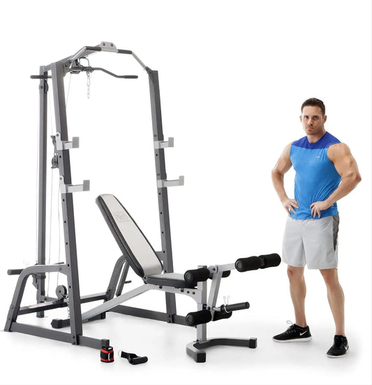 Deluxe Cage System with Weightlifting Bench All-in-One Home Gym Equipment PM-5108,Black/Silver