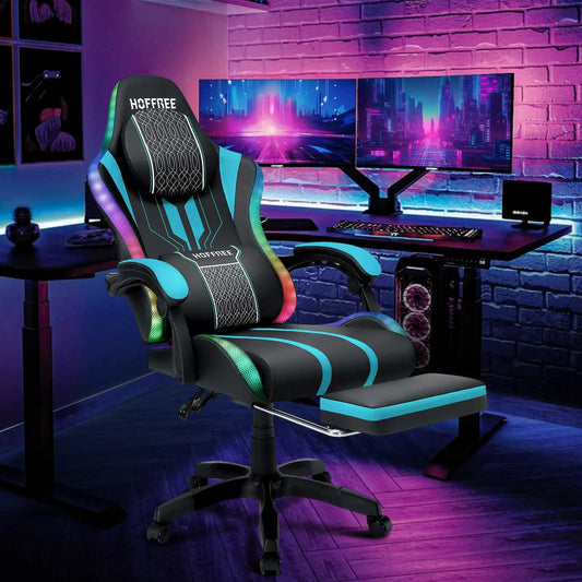 RGB Gaming Chair with LED Lights and Ergonomic Computer Chair Bluetooth Speaker Massage Adjustable Armrests