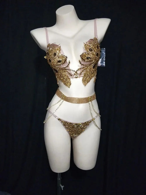Sparkly Crystal Rhinestone Diamond Bra & Bikini Set Stage Costume