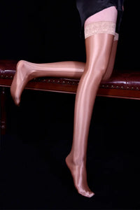 80D Lace Trim Oil Shiny Thigh-High Stockings Glossy Shaping Lingerie Stockings