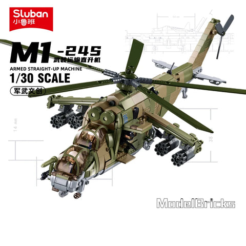 2024 Sluban WW2 Military Russia Air Weapon Mi-24 Helicopters Hind Model Building Blocks Classics Fighter Bricks Plane Toy