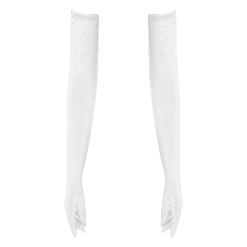 Rhinestone Latin Dance Dress, Mesh Tiered Tassel Bodysuit & Long Gloves Set