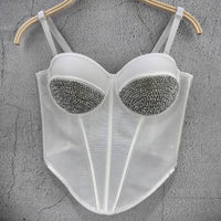 Rhinestone Mesh Denim Bustier Corset Crop Top Push-Up Party Bralette