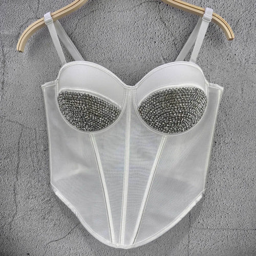 Rhinestone Mesh Denim Bustier Corset Crop Top Push-Up Party Bralette