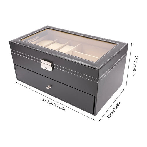 Leather 6 Watch Box Jewelry Case 9 Piece Eyeglasses Storage Sunglass Glasses Display Drawer Lockable Case Organizer Black