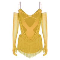 Sparkly Rhinestone & Tassel Fringe Dance Leotard with Gloves Two-Piece Stage Costume