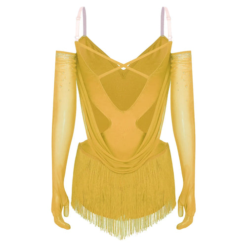 Sparkly Rhinestone & Tassel Fringe Dance Leotard with Gloves Two-Piece Stage Costume