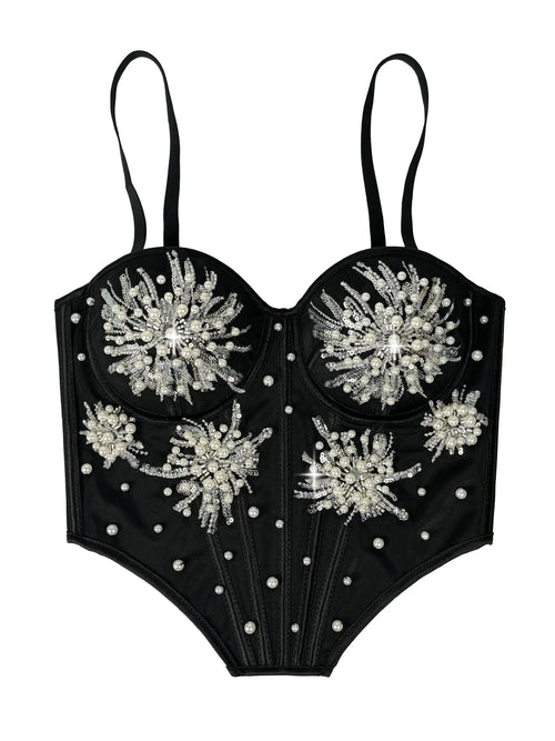 Pearl & Sequin Embroidered Floral Bustier Corset Top Asymmetric Camisole Bralette