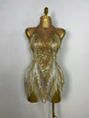 Sparkly Rhinestone & Tassel Fringe Latin Dance Mini Dress Stage Costume