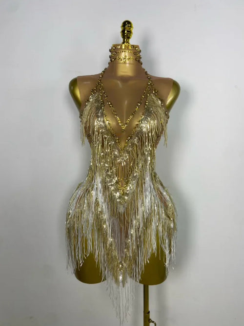 Sparkly Rhinestone & Tassel Fringe Latin Dance Mini Dress Stage Costume
