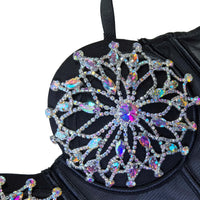 Black Mesh Bustier Corset Crop Top Crystal Embroidered Nightclub Bralette