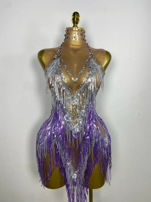 Sparkly Rhinestone & Tassel Fringe Latin Dance Mini Dress Stage Costume