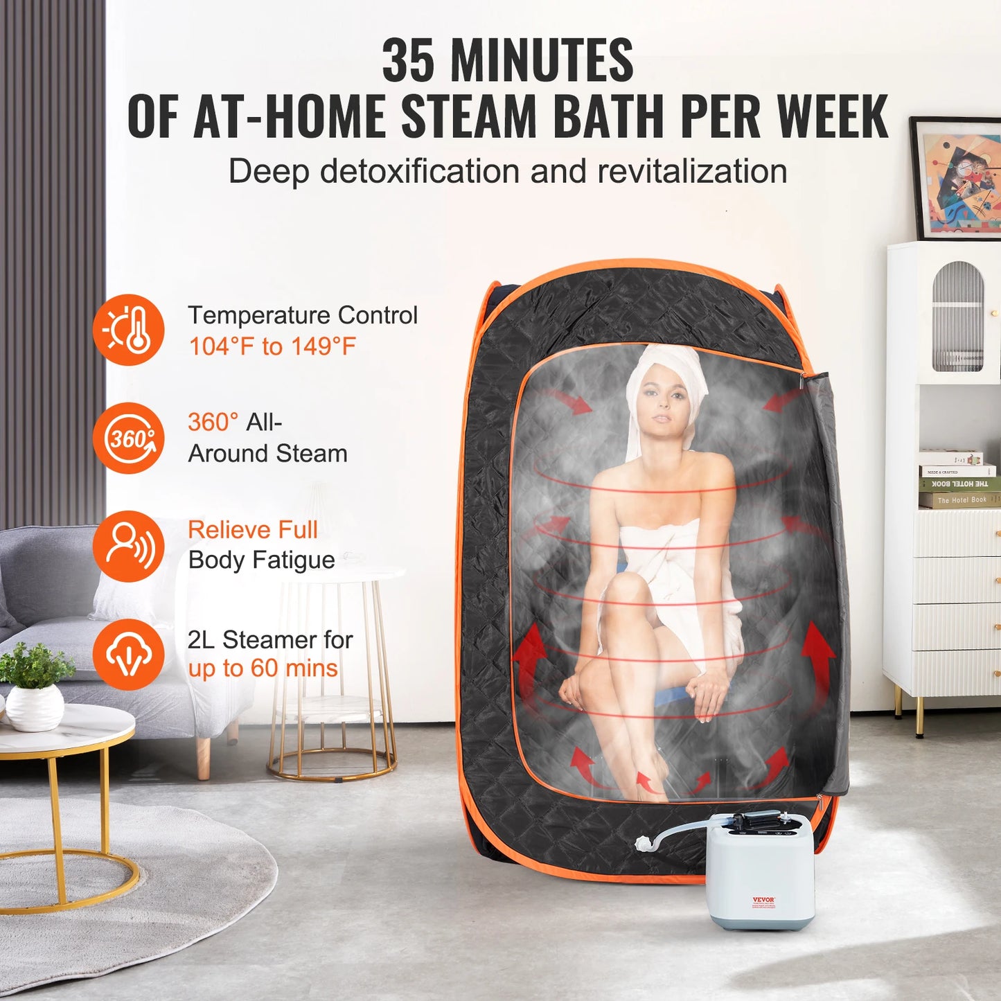 VEVOR Compact Portable Steam Sauna Tent 1000 W Black For Detox Relaxation Time Temperature Remote Control Home