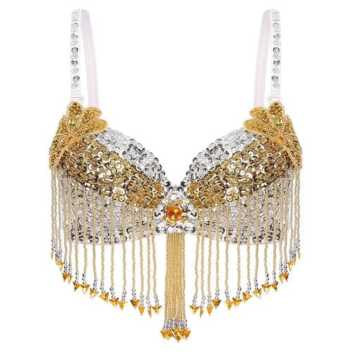 Sparkly Floral Beaded Sequin Belly Dance Bra & Tassel Performance Top