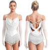 Sparkly Rhinestone & Tassel Fringe Dance Leotard with Gloves Two-Piece Stage Costume