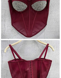 Rhinestone Mesh Denim Bustier Corset Crop Top Push-Up Party Bralette