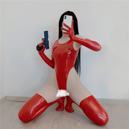 PVC Faux Leather High-Cut Open-Crotch Bodysuit & Matching Accessories