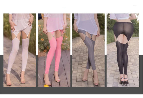 Hollow Out Buckle Shaper Oil Shiny Leggings Garter Belt Pencil Pants