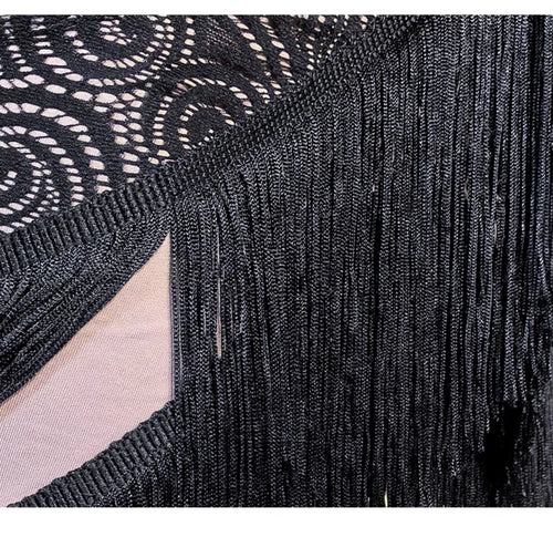 Black Fluffy Dance Leotard & Fringe Practice Skirt Latin Performance Costume Set