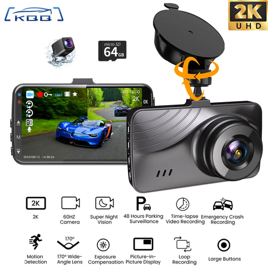 KQQ 2K Dash Cam Front and Rear Camera CAR DVR Car Video Recorder Vehicle Black Box Support 24H Parking Monitor Night Vision