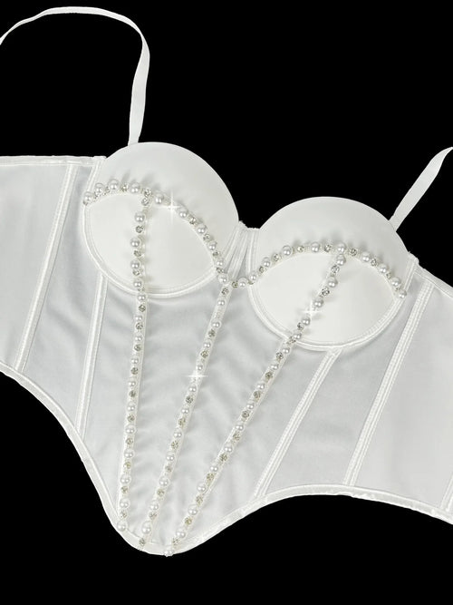 Pearl Embroidered Bustier Corset Crop Top High Street Evening Bralette