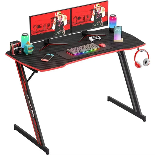 Modern Z-Shaped Gaming Desk Computer Desk for Home Office with Headphone Hook - Sturdy Workstation Table with Spacious Desktop