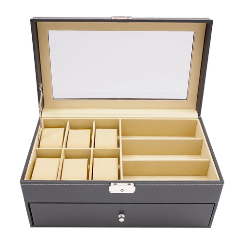 Leather 6 Watch Box Jewelry Case 9 Piece Eyeglasses Storage Sunglass Glasses Display Drawer Lockable Case Organizer Black