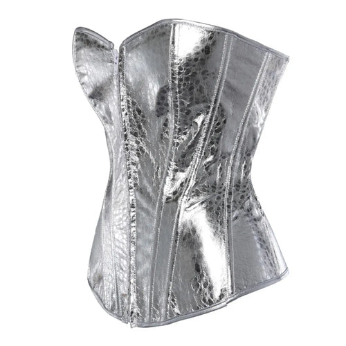Gothic Metallic Faux Leather Overbust Corset Shiny Steel-Look Bustier