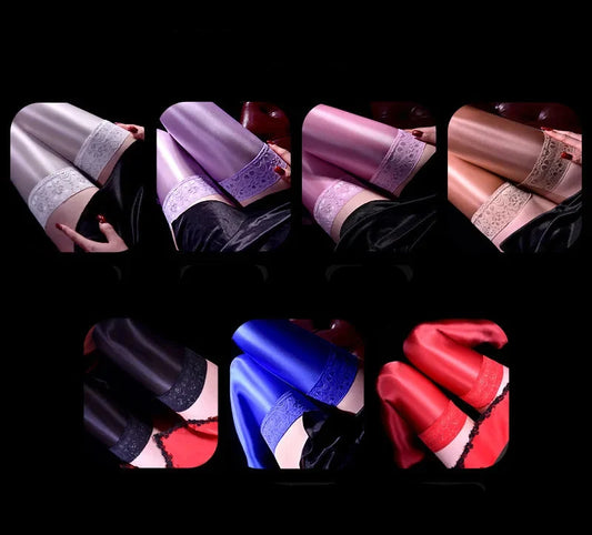 80D Lace Trim Oil Shiny Thigh-High Stockings Glossy Shaping Lingerie Stockings