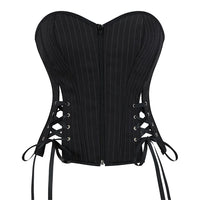 Black Striped Overbust Corset Top Zipper Front Lace-Up Bustier Body Shaper