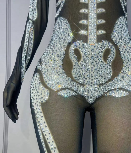 Rhinestone Skeleton Monster Cosplay Jumpsuit & Halloween Stage Dance Romper