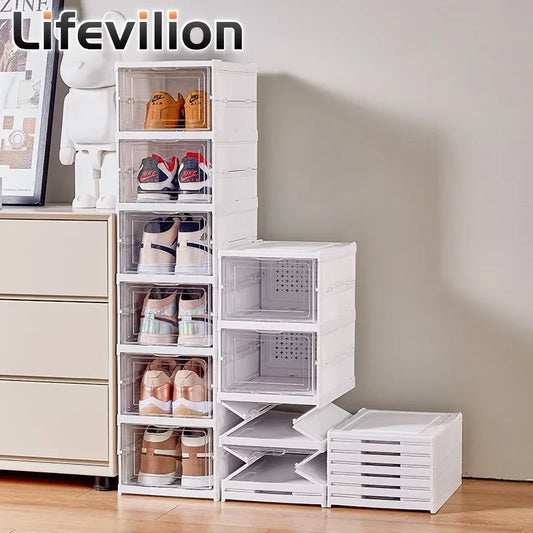 6 Layers Shoes Box Foldable Transparent Sneaker Shoe Storage Organizers Box Stackable Dustproof High-top Cabinet Shoe Rack Shelf