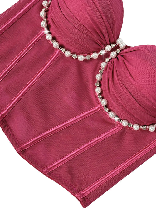 Pearl & Rhinestone Embroidered Bustier Corset Crop Top High Street Bralette