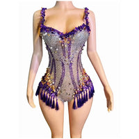 Sparkly Rhinestone & Tassel Fringe Bodysuit Stage Performance Costume