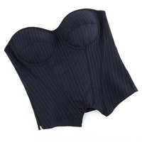 Black Striped Overbust Corset Top Zipper Front Lace-Up Bustier Body Shaper