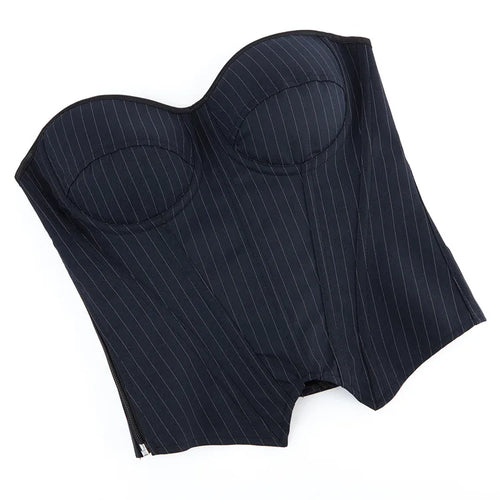 Black Striped Overbust Corset Top Zipper Front Lace-Up Bustier Body Shaper