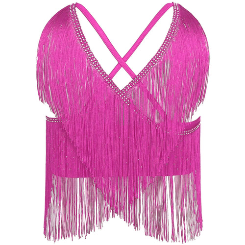 V-Neck Crisscross Back Tassel Fringe Crop Top Latin Salsa Dance Costume