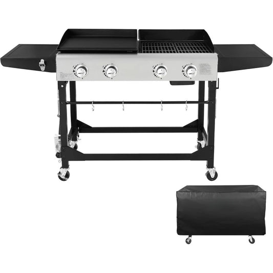 4- Burner portable gas grill and grill combination cover, 48,000 btu, propane grill combination for cooking, camping or tailcar