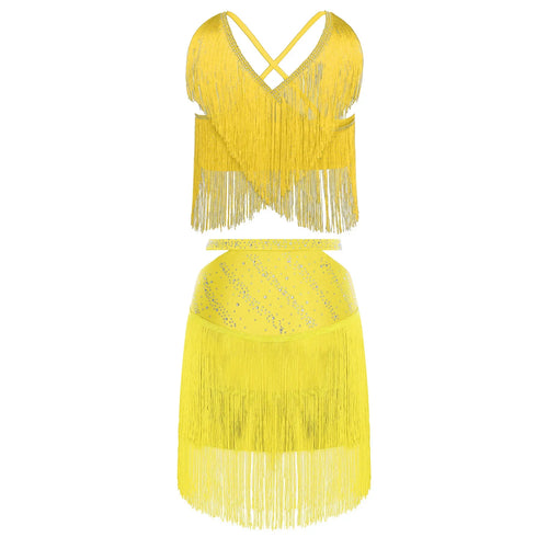 Sparkly Rhinestone & Tassel Fringe Two-Piece Latin Tango Dance Outfit Set