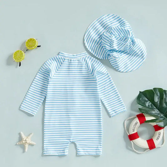 Infant Boys Girls Sun Protection Swimwear Set with Hat 2 Piece UV Rash Guard Suit Striped Zip Up Long Sleeve Crew Neck