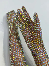 AB Rhinestone Sheer Mesh Long Opera Gloves Stage Performance Costume Accessory