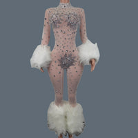 Sparkly Rhinestone & Feather Cuffed Jumpsuit Stage Performance Catsuit Costume