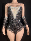 Sparkly Black Sequin & Rhinestone Tassel Bodysuit with Gloves Stage Costume