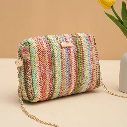 Rattan Knitting Women Straw Bag Beach Summer Chain Small Purse and Handbag Female Shoulder Crossbody Bags Travel Design Flap Bag